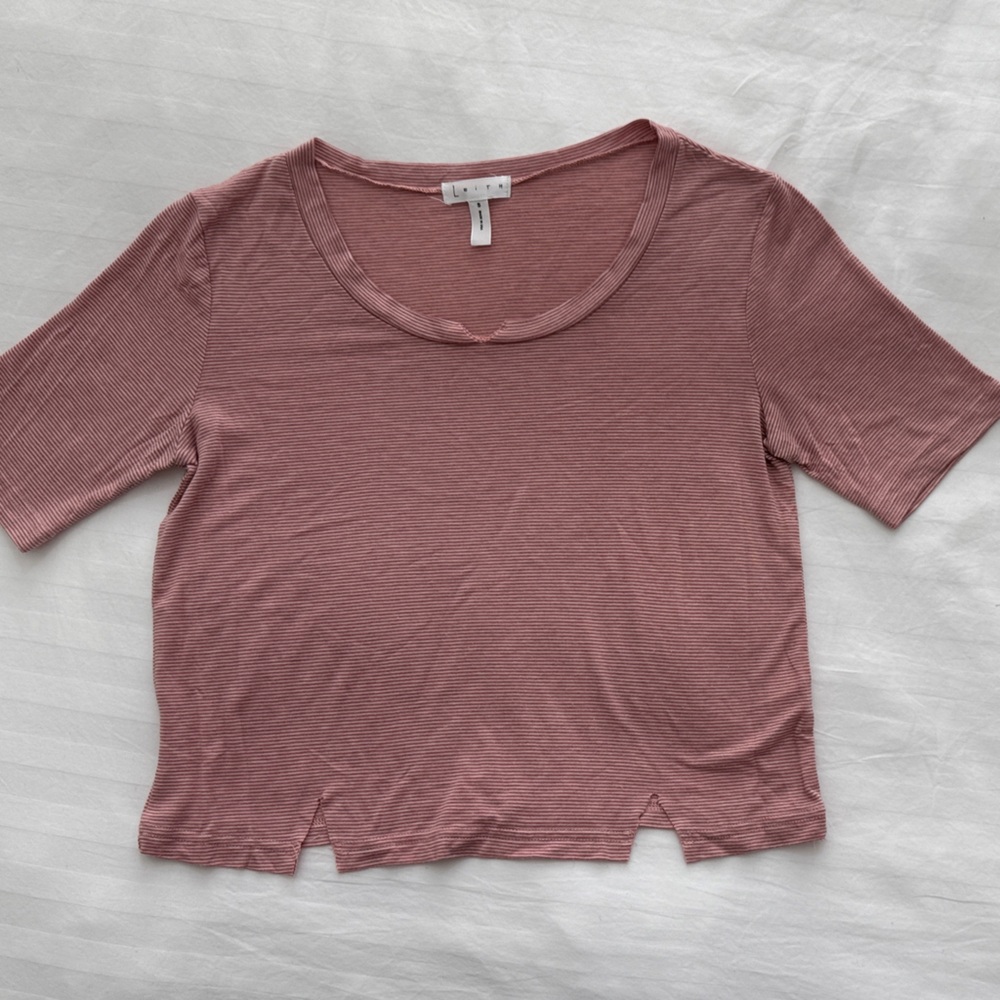 Leith Nordstrom Dusty Rose Pink Micro Stripe Crop Tee Shirt Notch Neck Top S